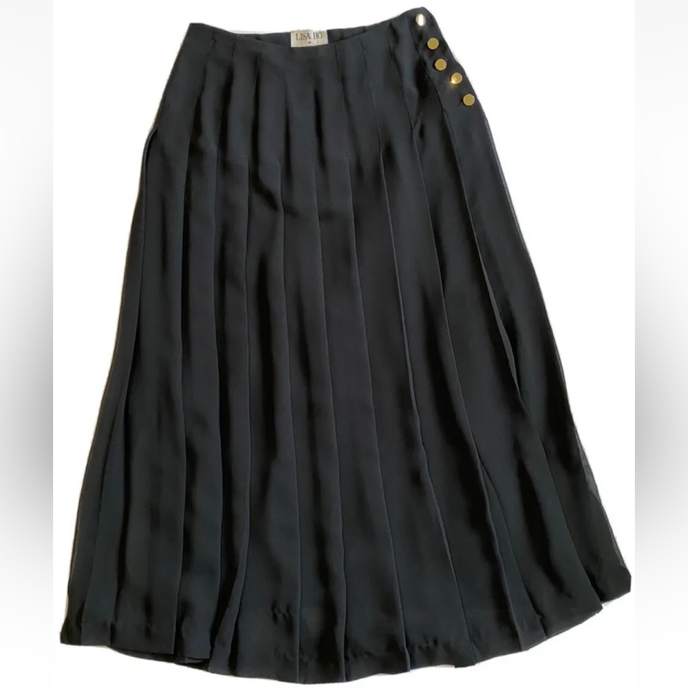 Lisa Ho Pleated Midi Maxi Skirt Lined Gold Button Detail Size 12 Career Evening - Picture 2 of 11